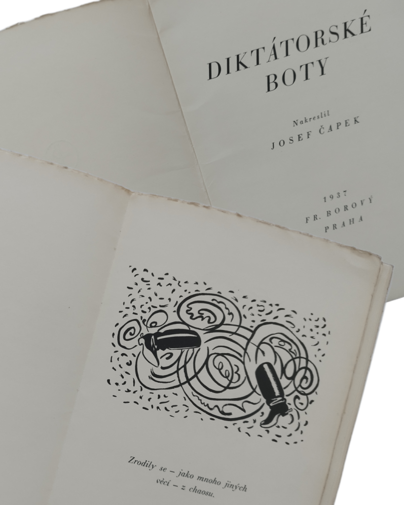 Detail stránky z knihy Diktátorské boty s kresbou a krátkým textem.